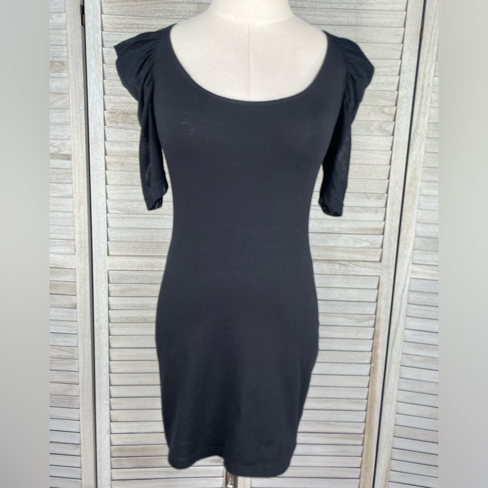 FOUR STARS Black Bodycon Mini Dress with Mesh Half Sleeves-Small